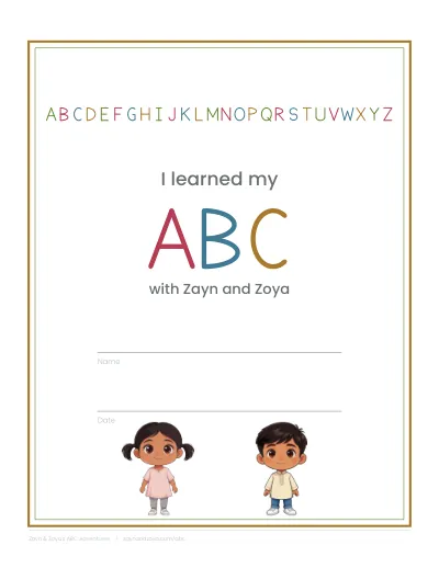 A certificate that reads: I learned my ABC with Zayn and Zoya.