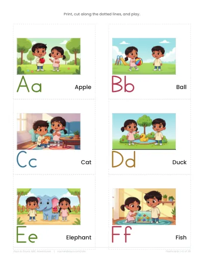 A page of flashcards to cut out, each with a letter and a picture from the book.