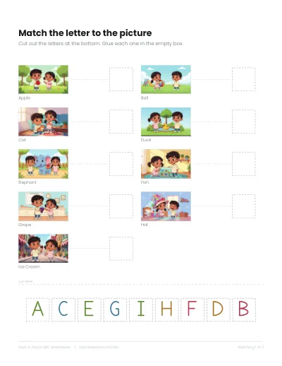 A matching game page: pictures from the book with empty boxes for cut-out letters.