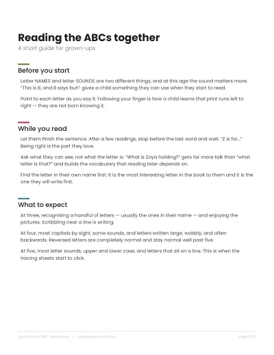 The first page of the parent guide, Reading the ABCs together.