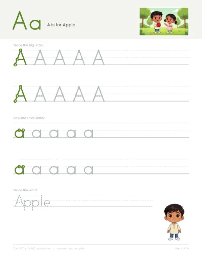 A tracing sheet for A: a big A and a small a to trace, and the word Apple.