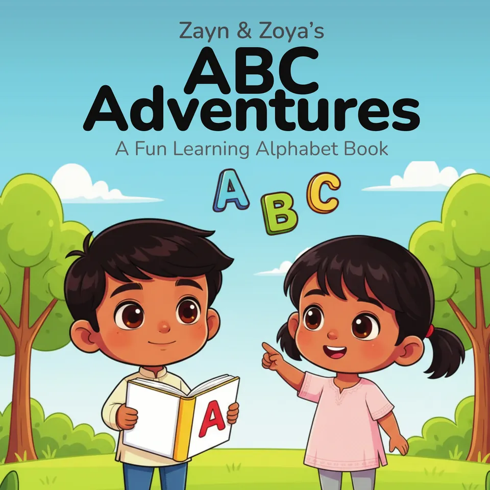 The cover: Zayn holds a book open at the letter A while Zoya points up at a floating A, B and C.