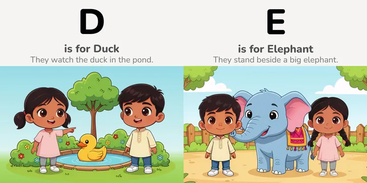 Two facing pages. D is for Duck: Zayn and Zoya watch a duck in a pond. E is for Elephant: they stand beside a big elephant.