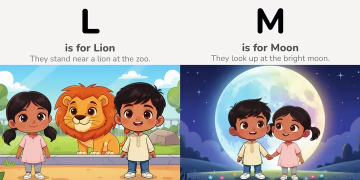 Two facing pages. L is for Lion: Zayn and Zoya stand near a lion at the zoo. M is for Moon: they hold hands under a bright full moon.