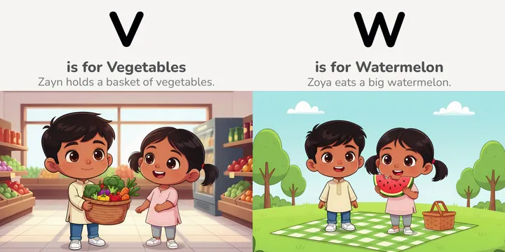 Two facing pages. V is for Vegetables: Zayn holds a basket of vegetables. W is for Watermelon: Zoya eats a big slice of watermelon.